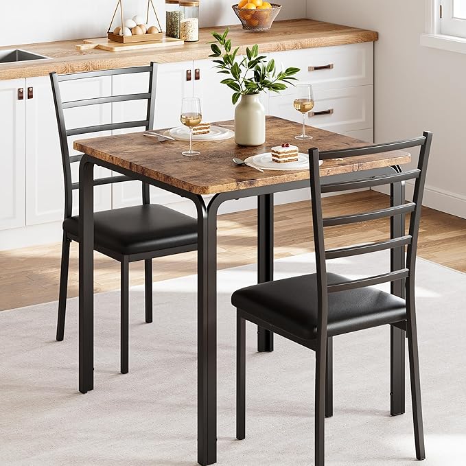 IDEALHOUSE Dining Table for 2, Small Table and Chairs Set of 2, Dinette Set for 2, Square Dinner Table Set, 3 Piece Kitchen & Dining Room Sets for Small Space, Apartment, Home Office, Rustic Brown - LeafyLoom