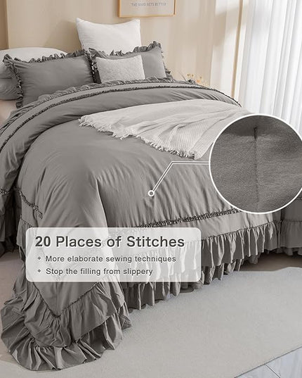 Grey Oversized King Comforter 120x120,Farmhouse Shabby Boho Chic Gray Ruffled California King Comforter Oversized,Vintage French Country Bedding Comforter with Ruffles for All Season - LeafyLoom