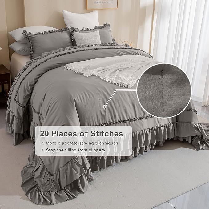 Grey Oversized King Comforter 120x120,Farmhouse Shabby Boho Chic Gray Ruffled California King Comforter Oversized,Vintage French Country Bedding Comforter with Ruffles for All Season - LeafyLoom