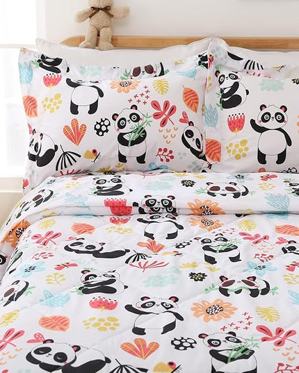 JSD Panda Flower Kids Comforter Set, 3 Pieces Full Microfiber Comforter with Pillow Shams, Soft Comfortable Machine Washable - LeafyLoom