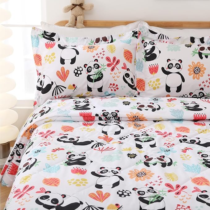 JSD Panda Flower Kids Comforter Set, 3 Pieces Queen Microfiber Comforter with Pillow Sham, Soft Comfortable Machine Washable - LeafyLoom