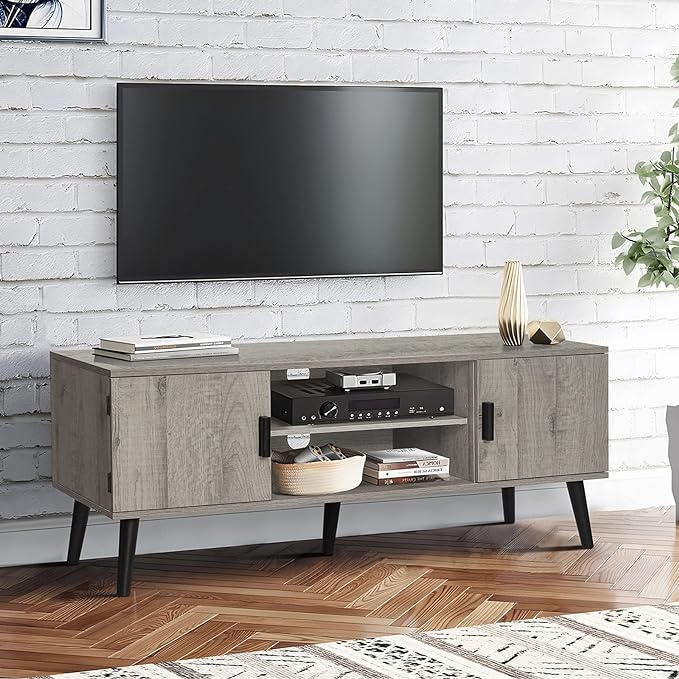 Iwell TV Stand for 55 inch TV, Entertainment Center with Storage and Open Shelf, TV Console, TV Stands for Living Room, Bedroom, Grey - LeafyLoom