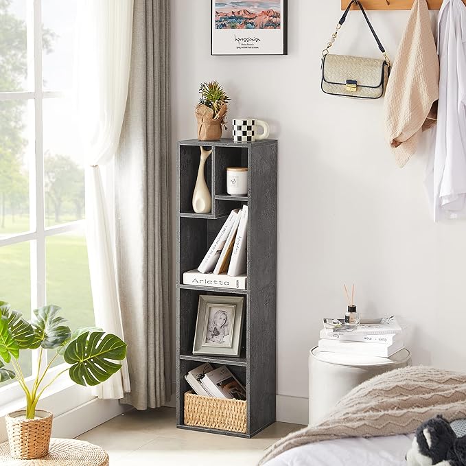 VECELO Small Bookshelf, 5 Cube Slim Bookcase, Fits Tallest Hardcovers, Horizontal Available, Modern Floor Standing Unit, Each Shelf Hold Up to 66 LBS,Modern Gray - LeafyLoom