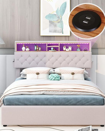 Full Size Bed Frame with LED Headboard, USB Charging, Upholstered Platform Bed with Storage Drawers and Headboard, No Box Spring Needed, Beige - LeafyLoom