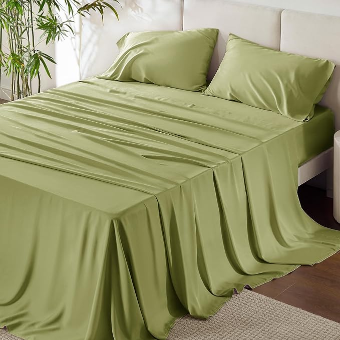 Bedsure King Size Sheet Set, Cooling Sheets King, Rayon Derived from Bamboo, Deep Pocket Up to 16", Breathable & Soft Bed Sheets, Hotel Luxury Silky Bedding Sheets & Pillowcases, Green - LeafyLoom