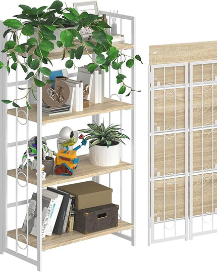 4NM No-Assembly 4 Tiers Folding Bookshelf Storage Shelves Vintage Bookcase Standing Racks Study Organizer Home Office - Natural and White - LeafyLoom