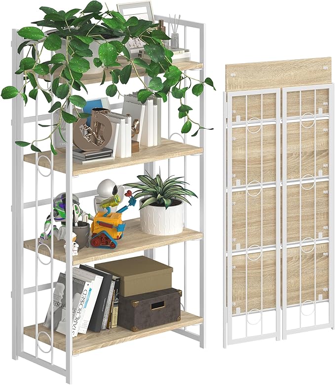 4NM No-Assembly 4 Tiers Folding Bookshelf Storage Shelves Vintage Bookcase Standing Racks Study Organizer Home Office - Natural and White - LeafyLoom