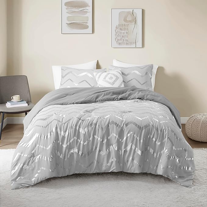 Codi Grey Queen Comforter Set, Silver Print Bedding Sets for Queen Size Bed - 4 Piece includes 1 Queen/Full Comforter with 1 Decorative Pillow and 2 Pillow Cases - All Season Warm - LeafyLoom
