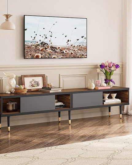 Bestier Mid Century Modern TV Stand for 85 inch tv, Entertainment Center with Storage and Sliding Doors, 2 in 1 Long TV Cabinet for Living Room, Ancona Walnut - LeafyLoom