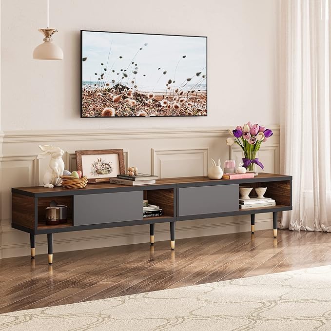 Bestier Mid Century Modern TV Stand for 85 inch tv, Entertainment Center with Storage and Sliding Doors, 2 in 1 Long TV Cabinet for Living Room, Ancona Walnut - LeafyLoom