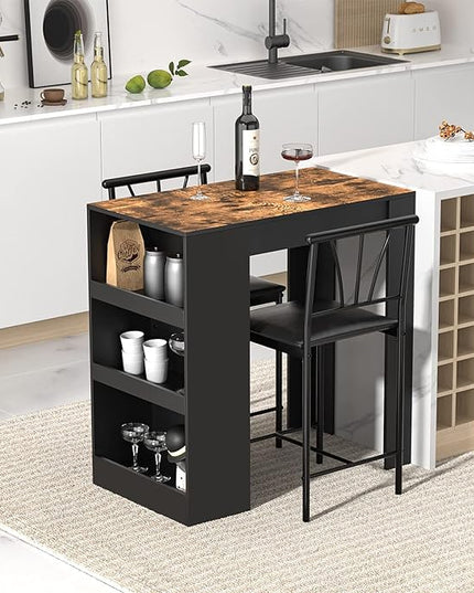VECELO Small Bar Table and Chairs Tall Kitchen Breakfast Nook with Stools/Dining Set for 2, Storage Shelves, Space-Saving, Black - LeafyLoom