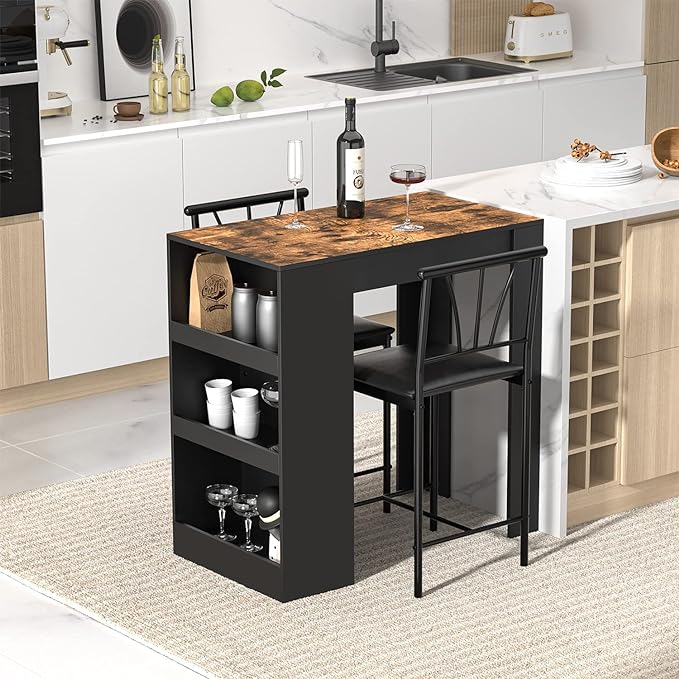 VECELO Small Bar Table and Chairs Tall Kitchen Breakfast Nook with Stools/Dining Set for 2, Storage Shelves, Space-Saving, Black - LeafyLoom