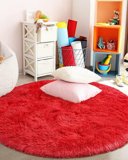Red Round Rug for Bedroom, Super Fluffy Circle Rugs for Baby Nursery, 5'X5' Feet Furry Carpet for Children Kids Room, Cute Soft Shaggy Rug for Girls Home Decor, Fuzzy Plush Carpets for Dorm - LeafyLoom