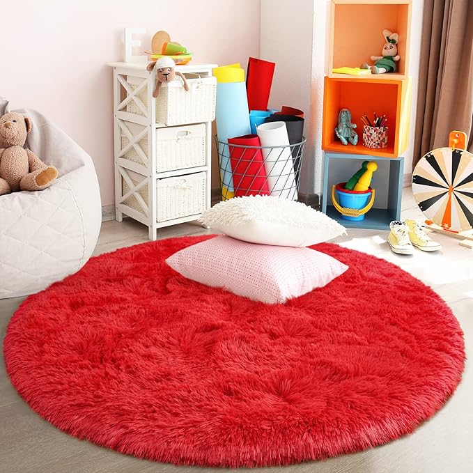 Red Round Rug for Bedroom, Super Fluffy Circle Rugs for Baby Nursery, 5'X5' Feet Furry Carpet for Children Kids Room, Cute Soft Shaggy Rug for Girls Home Decor, Fuzzy Plush Carpets for Dorm - LeafyLoom