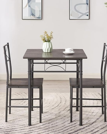 3-Piece Metal and Wood Indoor Modern Square Dining Table Furniture Set for Kitchen, Dining Room, Dinette, Breakfast Nook w/ 2Chairs - Gray - LeafyLoom