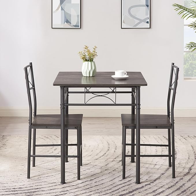 3-Piece Metal and Wood Indoor Modern Square Dining Table Furniture Set for Kitchen, Dining Room, Dinette, Breakfast Nook w/ 2Chairs - Gray - LeafyLoom