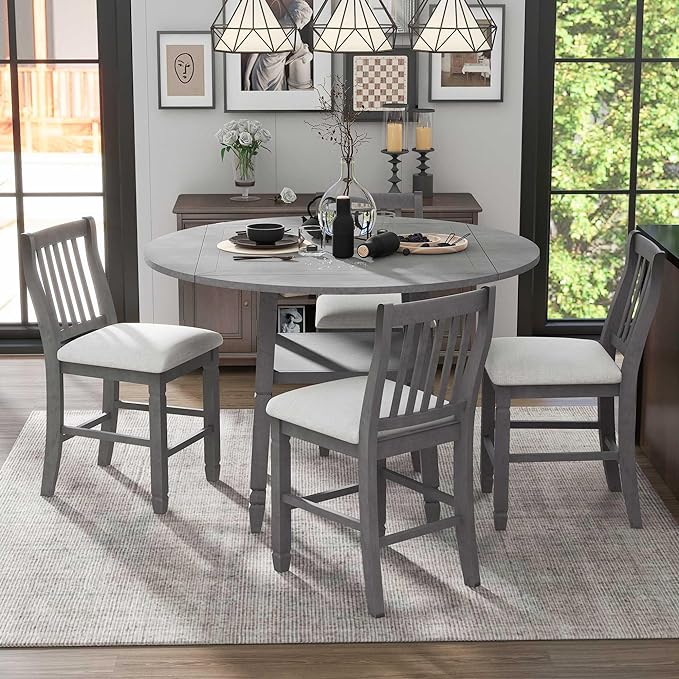 5-Piece Counter Height Round Set in 2 Table Sizes with 4 Folding Leaves and Upholstered Chairs for Dining Room (Gray+Beige Cushion), 38"~54" L x 38"~54" W x 36.2" H - LeafyLoom