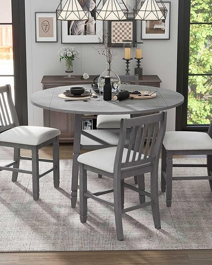NicBex Dining Room Table Set for 4 Breakfast Nook Table Set 5-Piece Counter Height Dining Table Set in 2 Table Sizes with 4 Folding Leaves and 4 Upholstered Chairs for Dining Room, Gray+Beige - LeafyLoom
