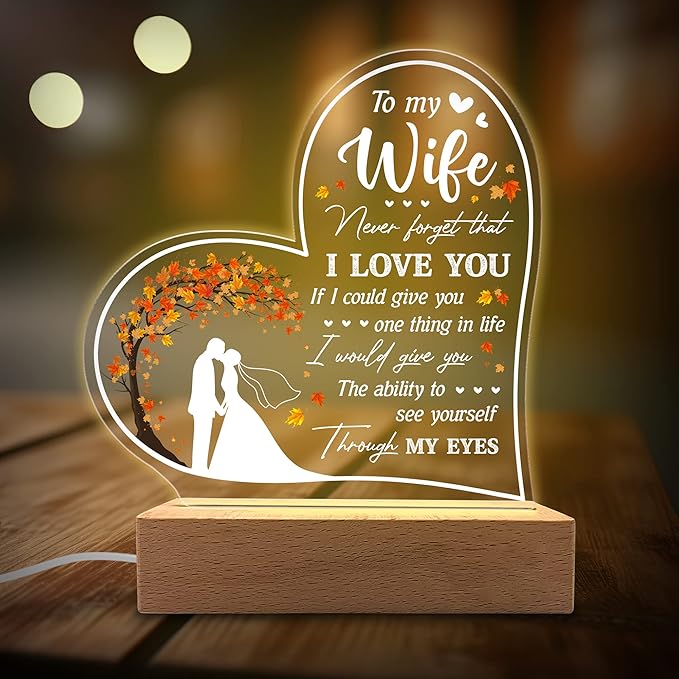 Acrylic Night Light Gifts for Wife - to My Wife Never Forget That I Love You - Wife Gifts from Husband to Wife on Valentines, Anniversary - Wife Birthday Gift Ideas - LeafyLoom
