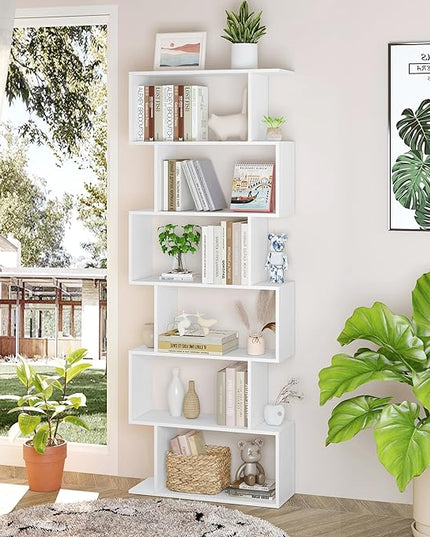 Yusong S Shaped Bookshelf, Modern Geometric Bookcase, 6-Tier White Display Case Book Shelf - LeafyLoom