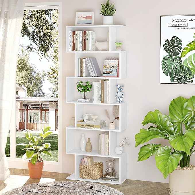 Yusong S Shaped Bookshelf, Modern Geometric Bookcase, 6-Tier White Display Case Book Shelf - LeafyLoom