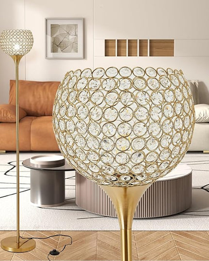Spherical Crystal Floor Lamp, Gold 8.7 in Shade Elegant Standing Light with Crystal lamp Shade, Modern 61 in Tall Pole Lighting for Living Room, Bedroom, Office, E26 Base, LED Bulb Included - LeafyLoom