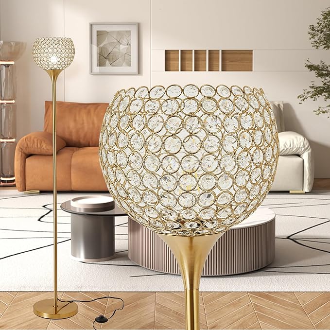 Spherical Crystal Floor Lamp, Gold 8.7 in Shade Elegant Standing Light with Crystal lamp Shade, Modern 61 in Tall Pole Lighting for Living Room, Bedroom, Office, E26 Base, LED Bulb Included - LeafyLoom