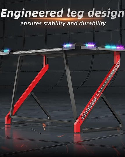 Gaming Desk with LED Lights, 47 Inch Computer Desk for Home Small Space, Gaming Table with Carbon Fiber Surface, PC Gamer Desk for Kids Boys Men, Black - LeafyLoom