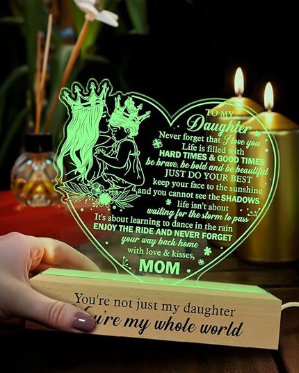 Daughter Gift from Mom, to My Daughter 3D Illusion Lamp with Wooden Base USB Powered, Birthday Gifts for Daughter from Mothers, Daughter Night Light Gifts for Wedding Graduation Christmas - LeafyLoom