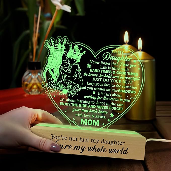 Daughter Gift from Mom, to My Daughter 3D Illusion Lamp with Wooden Base USB Powered, Birthday Gifts for Daughter from Mothers, Daughter Night Light Gifts for Wedding Graduation Christmas - LeafyLoom