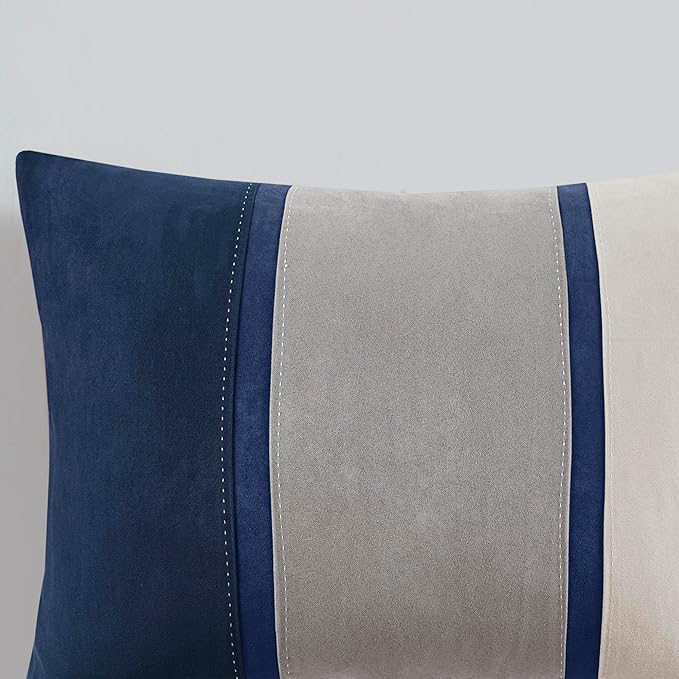 Madison Park Palisades Comforter Set Modern Faux Suede Pieced Stripe Design, All Season Down Alternative Cozy Bedding with Matching Shams, Decorative Pillows, King(104"x92"), Blue 7 Piece - LeafyLoom
