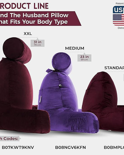 Husband Pillow XXL Aspen Edition, Adult Reading Sit Up Bed Rest Pillow for Bed with Arms & Neck Roll on Bungee Cord - Premium Memory Foam - Reversible 2 Sided Cover Micro Suede or Plush, Mauve Purple - LeafyLoom