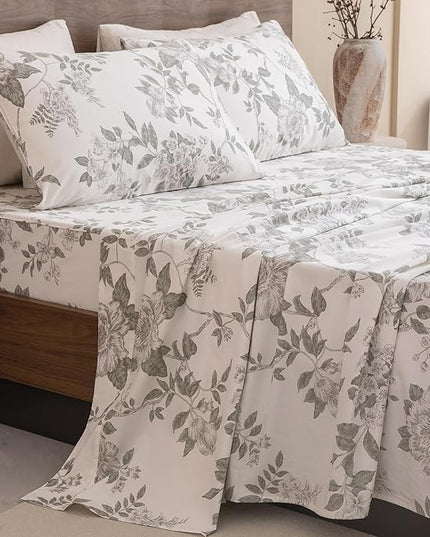 QSH Floral Egyptian Cotton Sheets Queen Size - Green Botanical Elegant Flower Pattern Printed Bedding Sheets Queen Size Bed Extra Soft and Breathable 4pcs Deep Pockets Bed Sheets - LeafyLoom