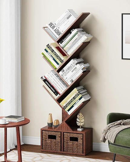 Vagusicc 6 Tier Tree Bookshelf - Retro Shelf Floor Standing Bookcase with Baskets, Tall Wood Book Storage Rack for Books/CDs, Tree Utility Book Organizer Shelves for Living Room, Home Office, Bedroom - LeafyLoom