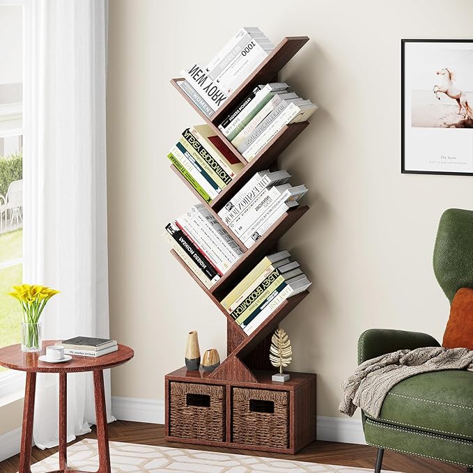 Vagusicc 6 Tier Tree Bookshelf - Retro Shelf Floor Standing Bookcase with Baskets, Tall Wood Book Storage Rack for Books/CDs, Tree Utility Book Organizer Shelves for Living Room, Home Office, Bedroom - LeafyLoom