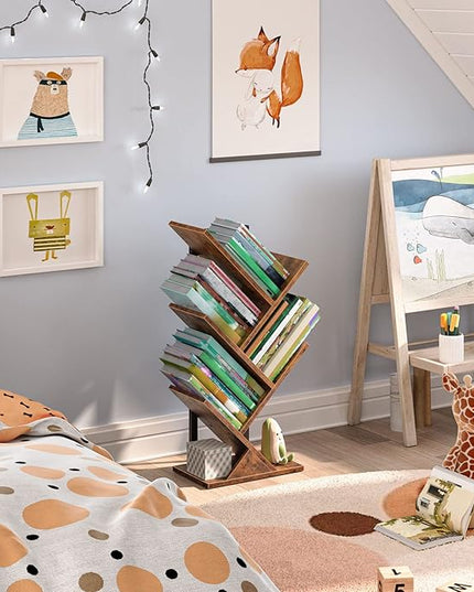 HOOBRO Tree Bookshelf, 5-Tier Bookcase Wooden Shelves, Floor Standing Storage Rack, for Display of CDs, Books in Living Room, Home Office, Wood Storage Rack for Bedroom, Rustic Brown BF04SJ01G1 - LeafyLoom