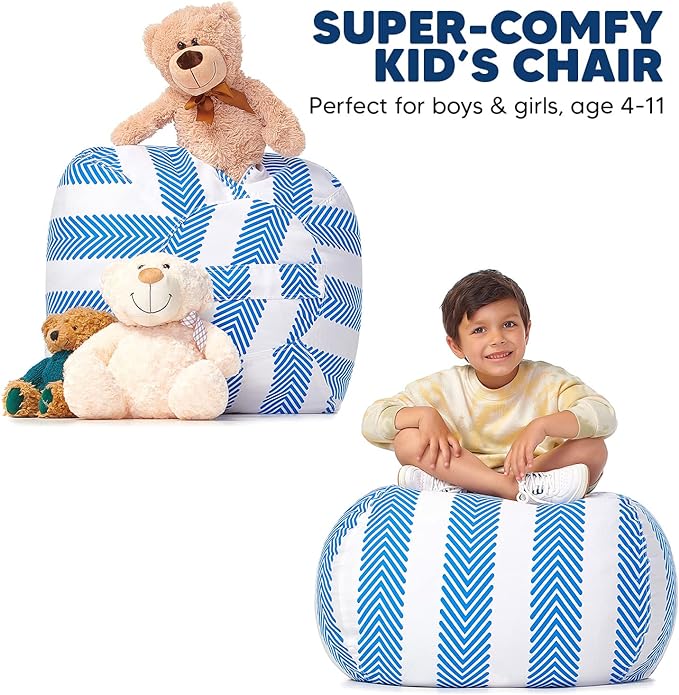 5 STARS UNITED Stuffed Animal Storage Bean Bag – Toy Storage Organizer and Bean Bag Chair for Kids Holds up to 90+ Plush Toys – Cotton Canvas Bags Cover for Boys and Girls Ages 4-11, Blue Stripes - LeafyLoom