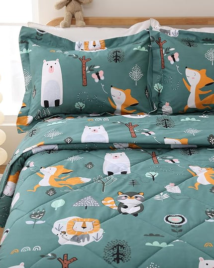 JSD Green Animal Forest Kids Comforter Set, 2 Pieces Twin Microfiber Comforter with Pillow Sham, Soft Comfortable Machine Washable - LeafyLoom