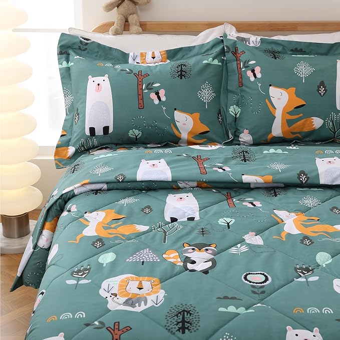 JSD Green Animal Forest Kids Comforter Set, 3 Pieces Full Microfiber Comforter with Pillow Shams, Soft Comfortable Machine Washable - LeafyLoom