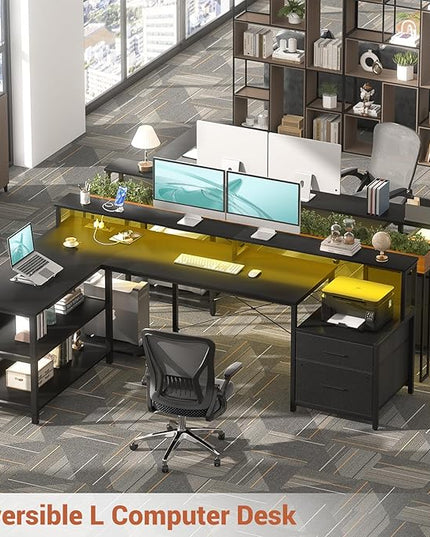 Aheaplus L Shaped Desk with File Drawer, 66" Reversible L Shaped Computer Desk with Power Outlet & LED Strip, Gaming Desk with Long Monitor Stand, Office Desk Corner Desk with Storage Shelf, Black - LeafyLoom