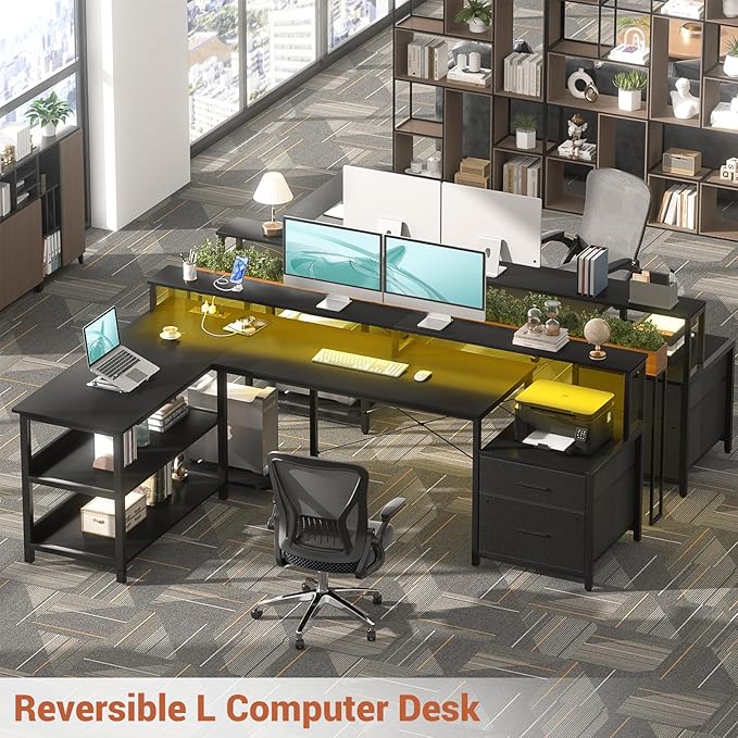 Aheaplus L Shaped Desk with File Drawer, 72.8" Reversible L Shaped Computer Desk with Power Outlet & LED Strip, Gaming Desk with Long Monitor Stand, Office Desk Corner Desk with Storage Shelf, Black - LeafyLoom
