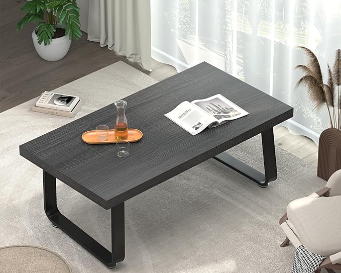 HSH Coffee Table, Industrial Wooden Coffee Table, Modern Minimalist Rectangular Center Table for Living Room, Wood and Metal Legs Cocktail Tea Table for Bedroom Home Office, Dark Gray Oak, 47 Inch - LeafyLoom