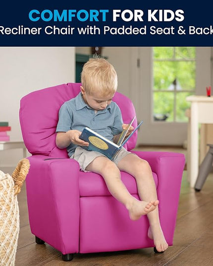 Flash Furniture Chandler Vinyl Kids Recliner with Cup Holder and Safety Recline, Contemporary Reclining Chair for Kids, Supports up to 90 lbs., Hot Pink - LeafyLoom