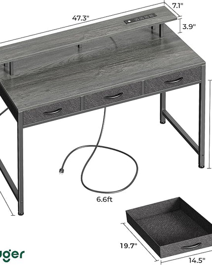 47 inch Computer Desk with 3 Drawers, Office Desk Gaming Desk with LED Lights & Power Outlets, Home Office Desks with Storage Space for Bedroom, Work from Home, Gray - LeafyLoom
