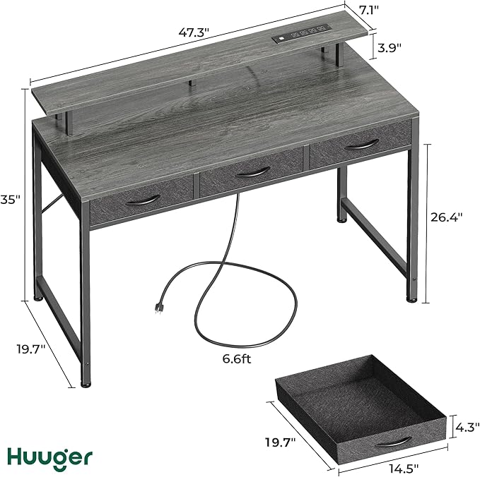 47 inch Computer Desk with 3 Drawers, Office Desk Gaming Desk with LED Lights & Power Outlets, Home Office Desks with Storage Space for Bedroom, Work from Home, Gray - LeafyLoom