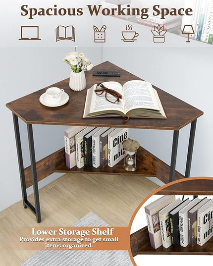Corner Desk with Charging Station & USB Port, 90-degree Triangle Computer Workstation w/Storage Shelf, Metal Frame, Space-saving Laptop PC Desk for Small Space, Home Office (Rustic Brown) - LeafyLoom