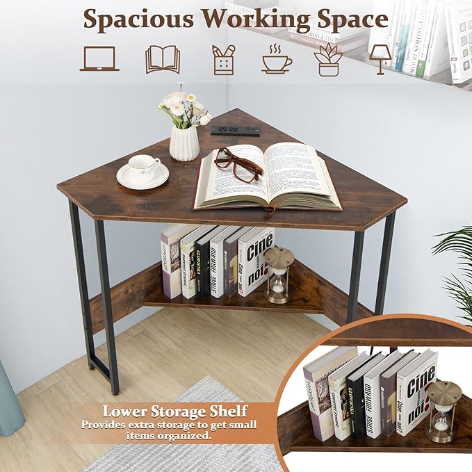 Corner Desk with Charging Station & USB Port, 90-degree Triangle Computer Workstation w/Storage Shelf, Metal Frame, Space-saving Laptop PC Desk for Small Space, Home Office (Rustic Brown) - LeafyLoom