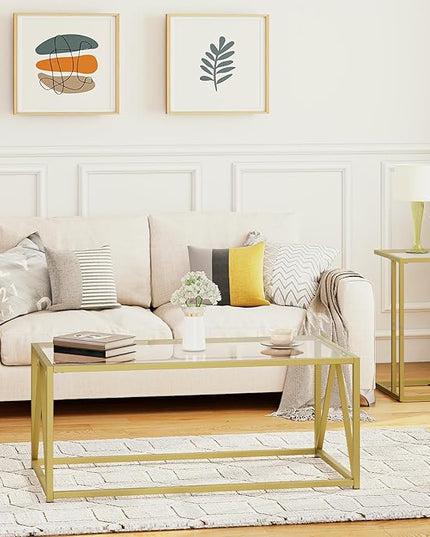 HOOBRO Glass Coffee Table, Gold Coffee Tables for Living Room, Gold Glass Coffee Table,1 Layer Center Table, Modern, for Apartment, Office, 39.4 x 19.7 x 17.7 Inches, Easy Assembly, Golden GD04KF01 - LeafyLoom