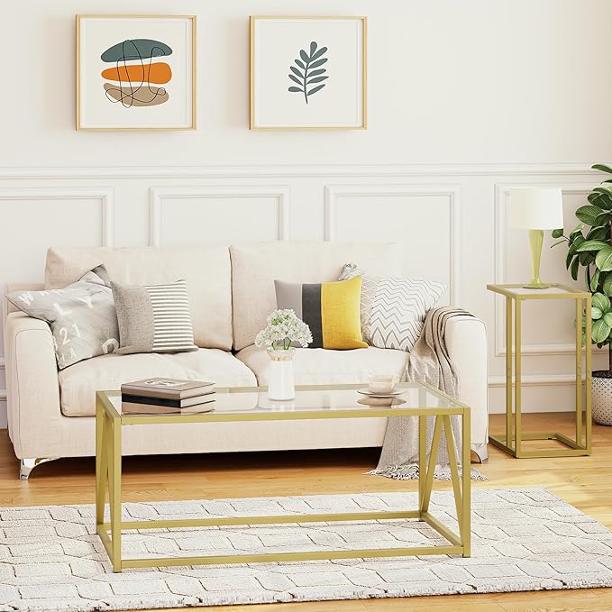 HOOBRO Glass Coffee Table, Gold Coffee Tables for Living Room, Gold Glass Coffee Table,1 Layer Center Table, Modern, for Apartment, Office, 39.4 x 19.7 x 17.7 Inches, Easy Assembly, Golden GD04KF01 - LeafyLoom