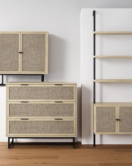 Nathan James Theo Ladder 3 tier Open Bookshelf with Rattan Drawers and Matte Steel Frame, Light Oak/Black - LeafyLoom